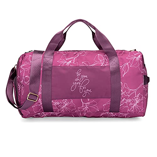 Bag for Women with Shoe Compartment and Wet Pocket | Lightweight Gym Duffle with Motivational Quote and Graphic Designs | Great for Working Out, Travel, and Overnights | Black/Rose - Diamond