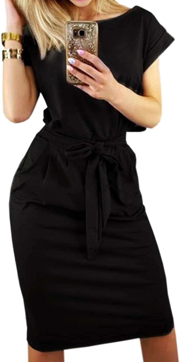 Women's Elegant Short Sleeve Wear to Work Casual Pencil Dress with Belt …