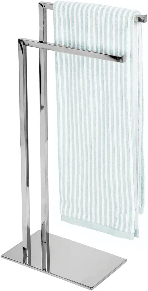 mDesign Tall Modern Metal and Bamboo Wood Towel Rack Holder - 2 Tier Organizer for Bathroom Storage and Organization Next to Tub or Shower, Holds Bath & Hand Towels, Washcloths - White/Natural