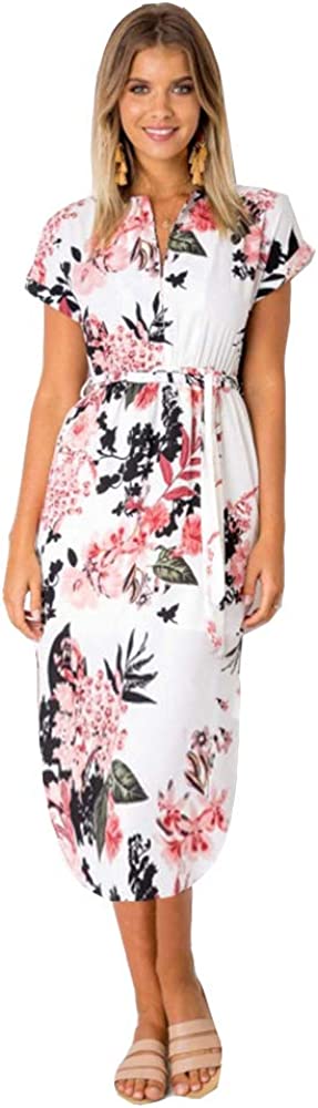 Womens Midi Dresses Summer V-Neck Short Sleeve Casual Office Geometric Belted Dress