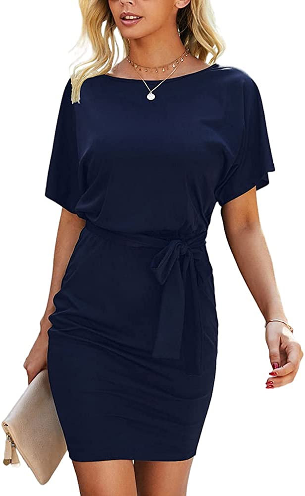 Women's Short Sleeve T Shirt Dresses Crewneck Tie Waist Work Office Bodycon Mini Dress