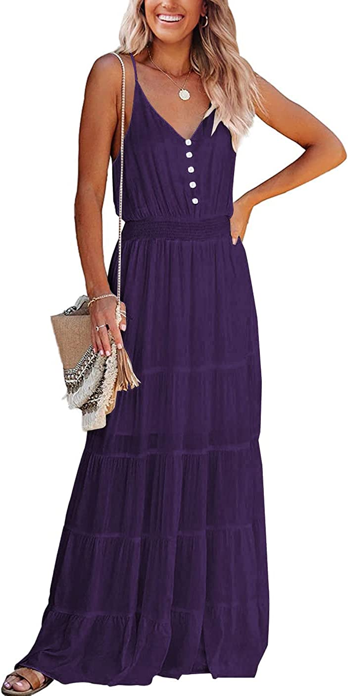 Women's Causal Summer Dress Spaghetti Strap Sleeveless High Waist Beach Long Maxi Dresses
