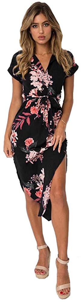 Womens Midi Dresses Summer V-Neck Short Sleeve Casual Office Geometric Belted Dress