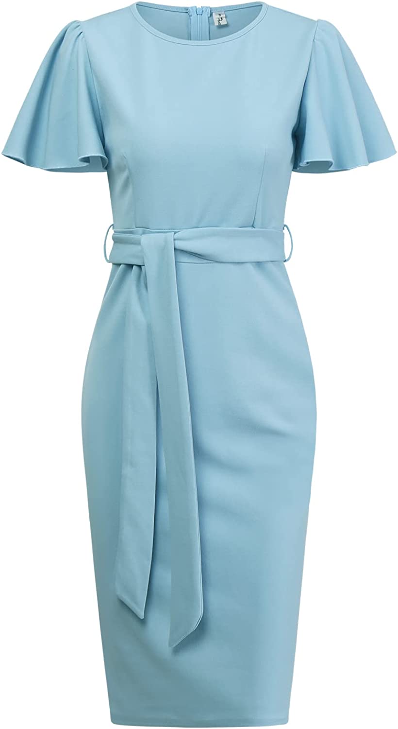 Women Ruffle Sleeve Wear to Work Dress Casual Bodycon Dress Round Neck Office Formal Dresses