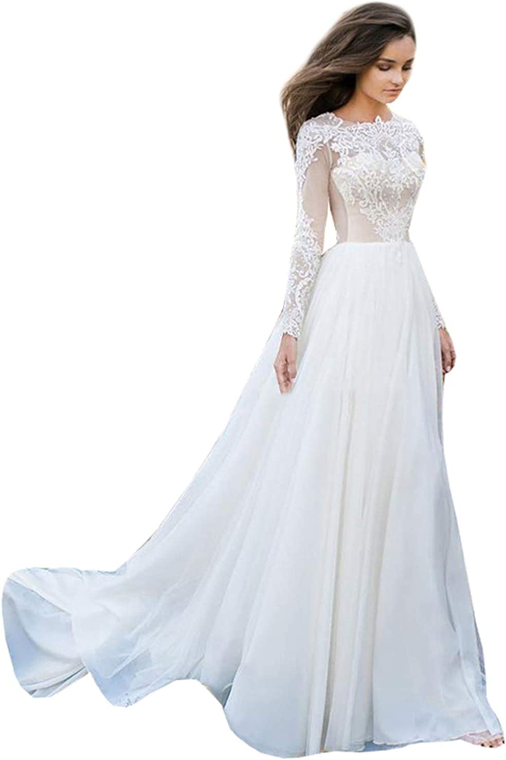Women's Lace Chiffon Beach Wedding Dresses for Bride 2022 with Sleeves Long Bridal Gown
