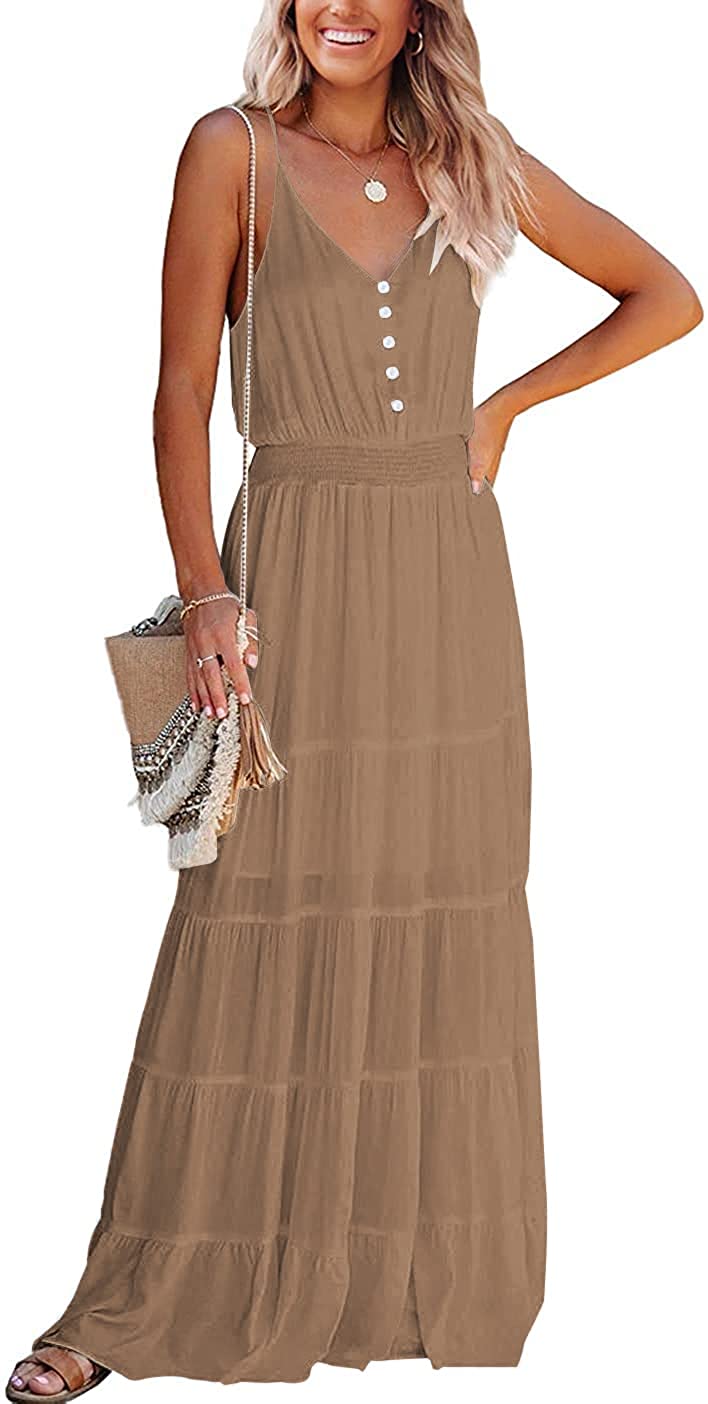 Women's Causal Summer Dress Spaghetti Strap Sleeveless High Waist Beach Long Maxi Dresses