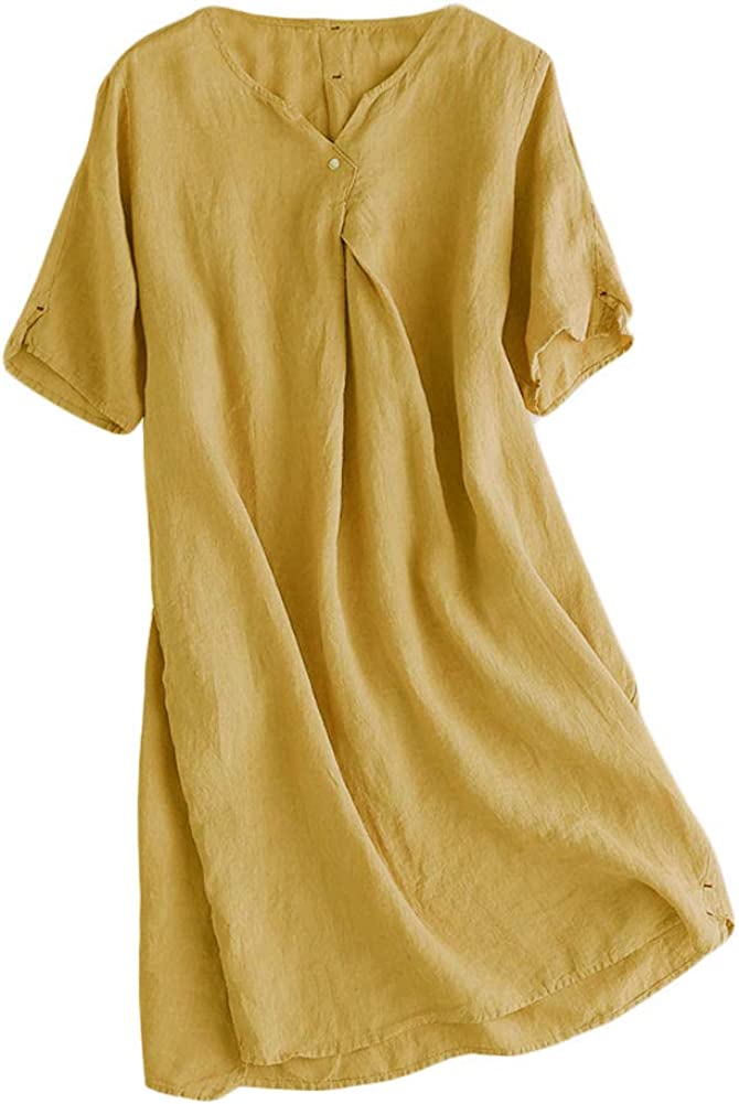 Women's Linen Tunic Dresses V-Neck Baggy Midi Dress Hi-Low Tops