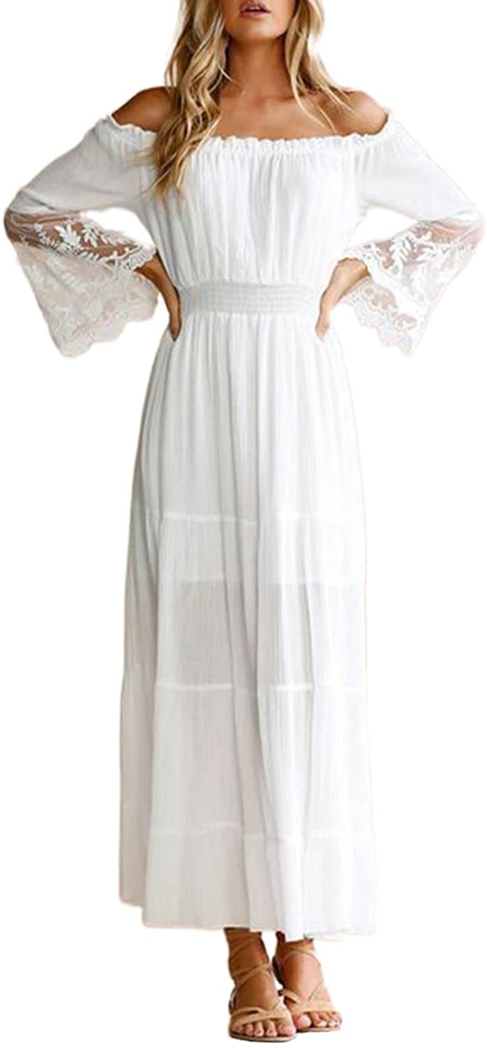 Womens Casual Floral Lace Swiss Dots Off The Shoulder Long Evening Dress Cocktail Party Maxi Wedding Dresses