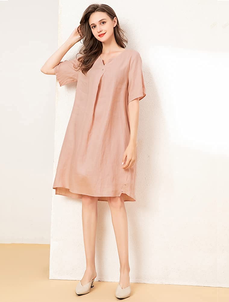 Women's Linen Tunic Dresses V-Neck Baggy Midi Dress Hi-Low Tops