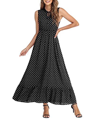 Women's Sleeveless Summer Tie Neck High Waist Casual Boho Dress Floral Print Ruffle Hem Long Beach Maxi Dresses