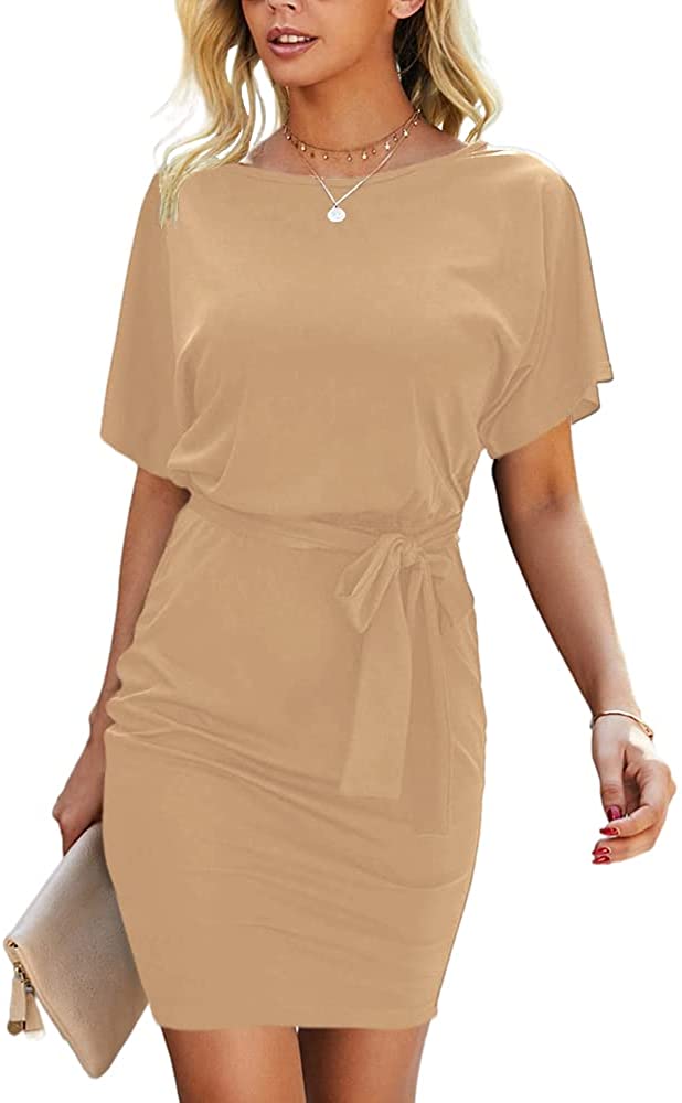 Women's Short Sleeve T Shirt Dresses Crewneck Tie Waist Work Office Bodycon Mini Dress