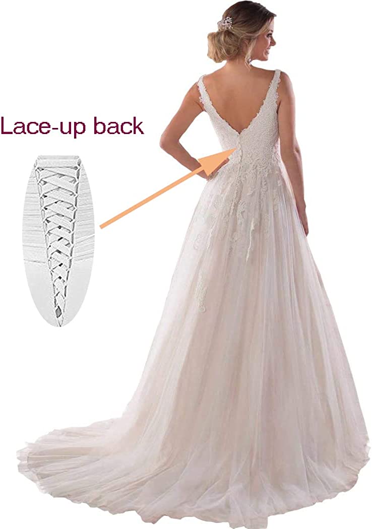 Women's Boho Wedding Dresses for Bride A-line V-Neck Lace Tulle Beach Bridal Gowns