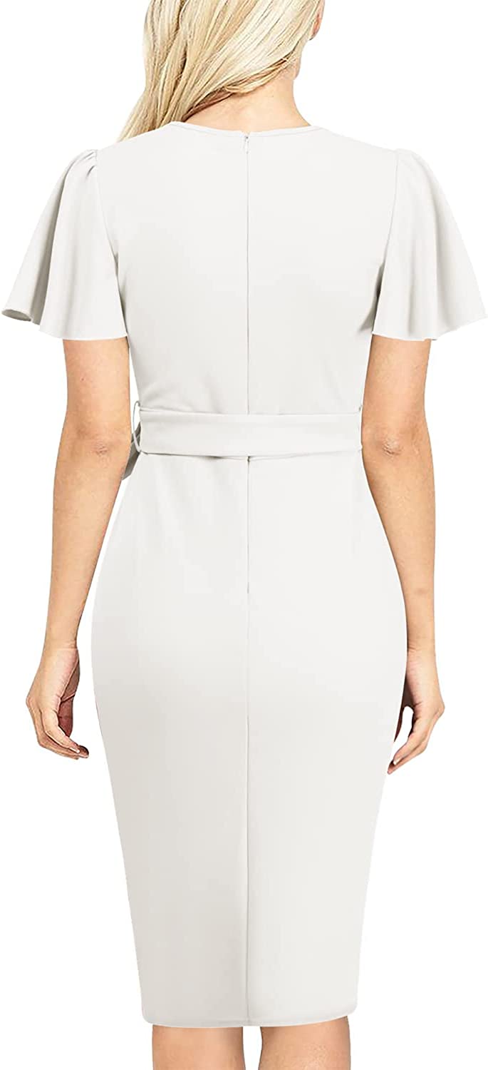 Women Ruffle Sleeve Wear to Work Dress Casual Bodycon Dress Round Neck Office Formal Dresses