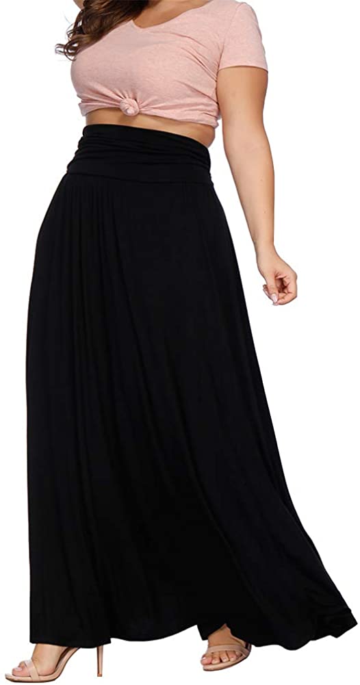 Women's Plus Size Shirring High Waist Pleated Long Maxi Skirt with Pockets
