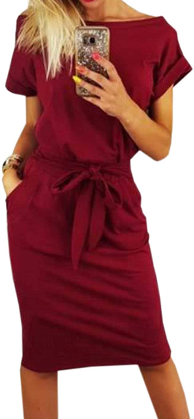 Women's Elegant Short Sleeve Wear to Work Casual Pencil Dress with Belt …