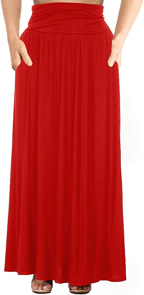 Women's Plus Size Shirring High Waist Pleated Long Maxi Skirt with Pockets