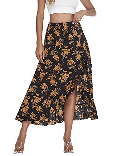 Women's Floral Print Button Front Ruffle Hem High Waist A Line Midi Skirts