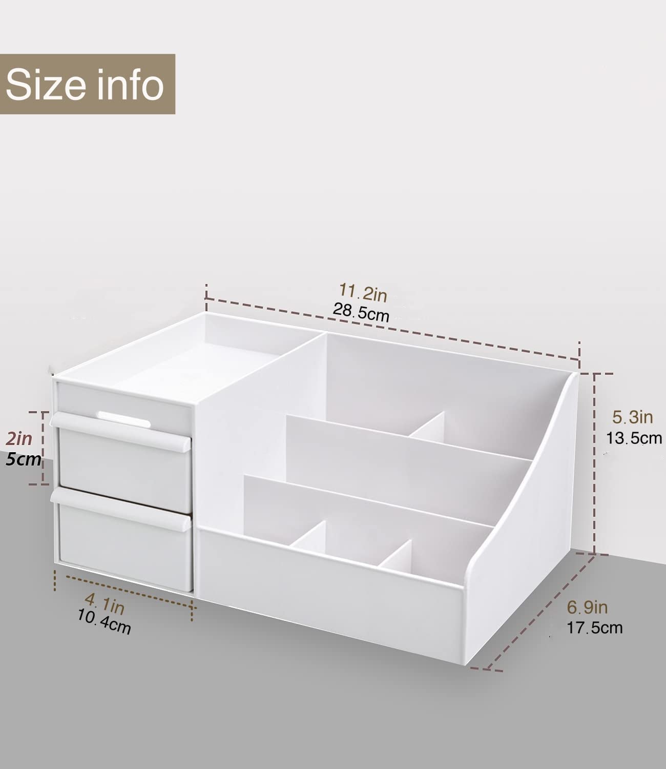 Makeup Desk Organizer with Drawers, Countertop Organizer for Cosmetics, Vanity Holder for Lipstick, Brushes, Lotions, Eyeshadow, Nail Polish and Jewelry (White)