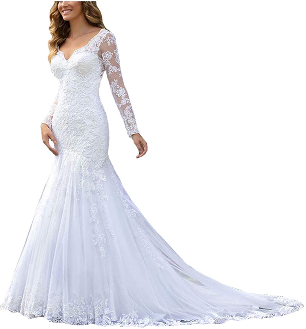 Women's Lace Chiffon Beach Wedding Dresses for Bride 2022 with Sleeves Long Bridal Gown