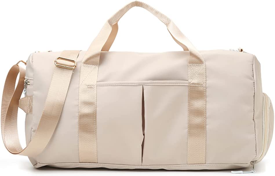 Small Gym Bag for Women and Men, Workout Bag for Sports and Weekend Getaway, Waterproof Dufflebag with Shoe and Wet Clothes Compartments (Beige)
