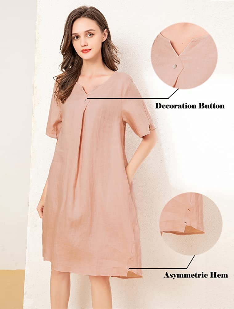 Women's Linen Tunic Dresses V-Neck Baggy Midi Dress Hi-Low Tops