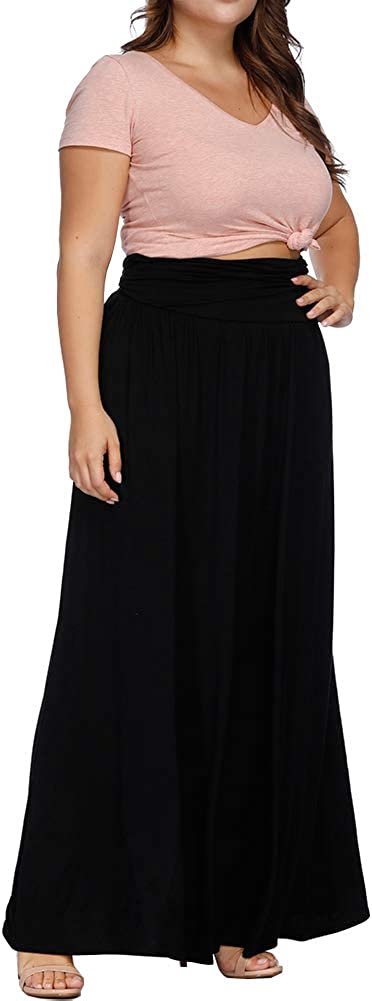 Women's Plus Size Shirring High Waist Pleated Long Maxi Skirt with Pockets