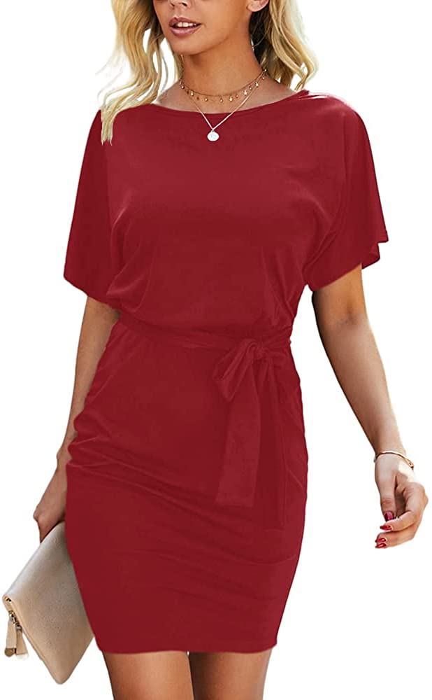 Women's Short Sleeve T Shirt Dresses Crewneck Tie Waist Work Office Bodycon Mini Dress