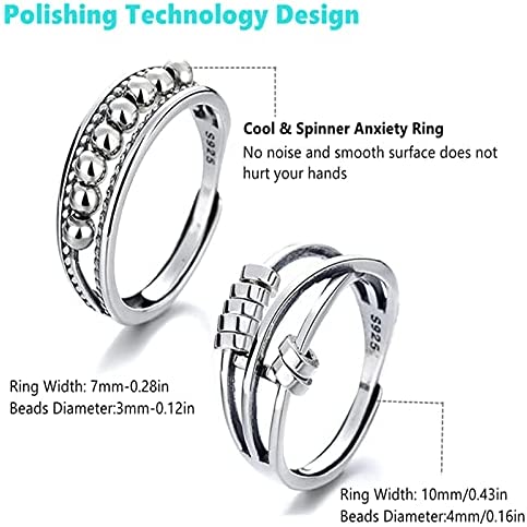 2Pcs Anti Anxiety Rings For Women Men, Fidget Band Ring with Beads Spinner Rings for Anxiety, Unisex Adjustable Stacking Spinning Worry Ring Size 6-10 (Silver)