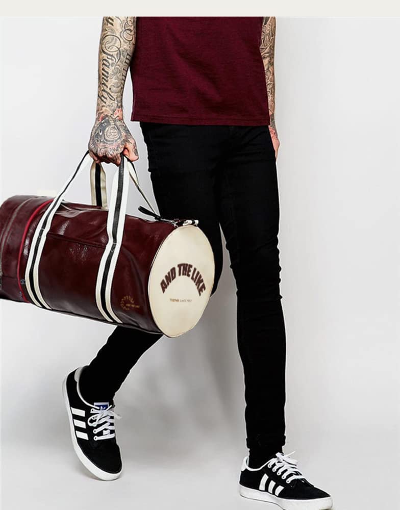 Leather Gym Sports Bag Retro Style Travel Duffel Bag, Cool Cylinder Waterproof Weekender Overnight Fitness Bag with Shoe Compartment & Wet Pocket for Men Women ( Claret Red )