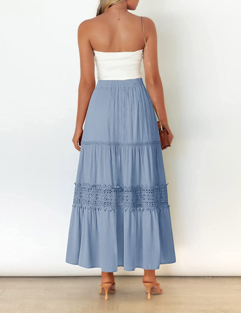 Women's Boho Elastic High Waist Pleated A-line Ruffle Lace Trim Tiered Midi Maxi Skirt with Pockets