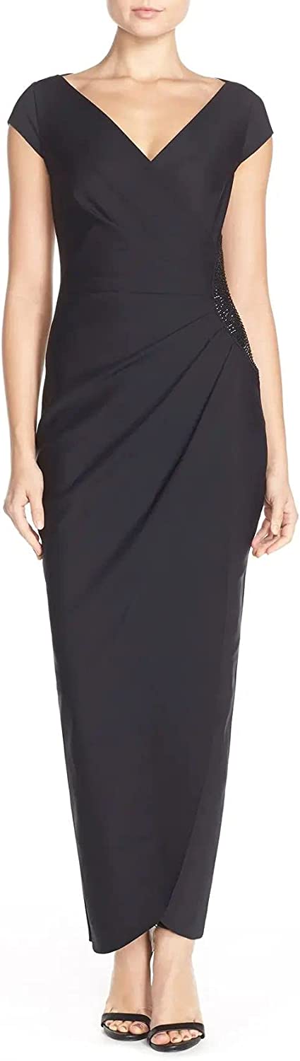 Evenings Women's Slimming Long Cap Sleeve Dress with Side Beaded Detail