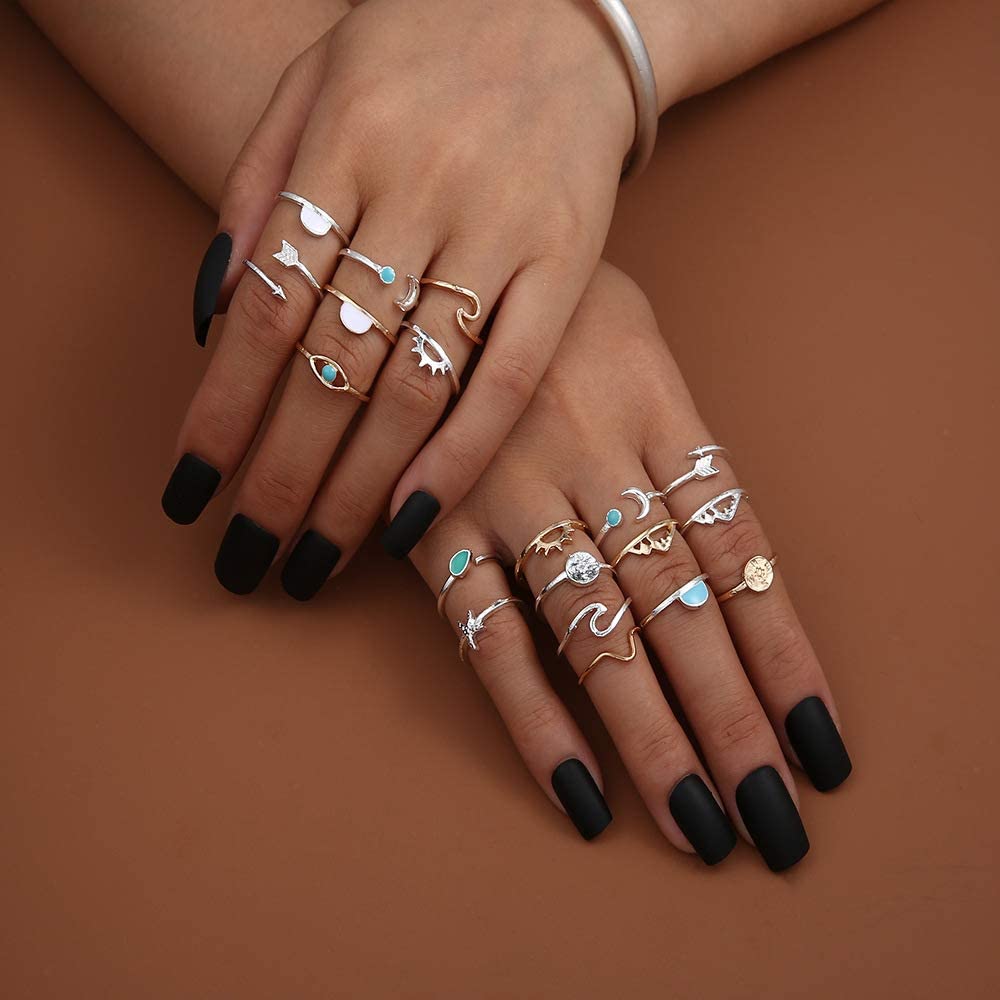Boho Retro Stackable Rings Sets for Teens Girls Women,Peak Sea Wave Compass Turquoise Rhinestone Knuckle Joint Finger Kunckle Nail Ring Sets