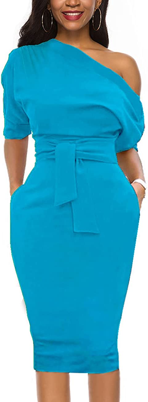 Womens Wear to Work Casual one Shoulder Belted Pencil Dress with Pockets