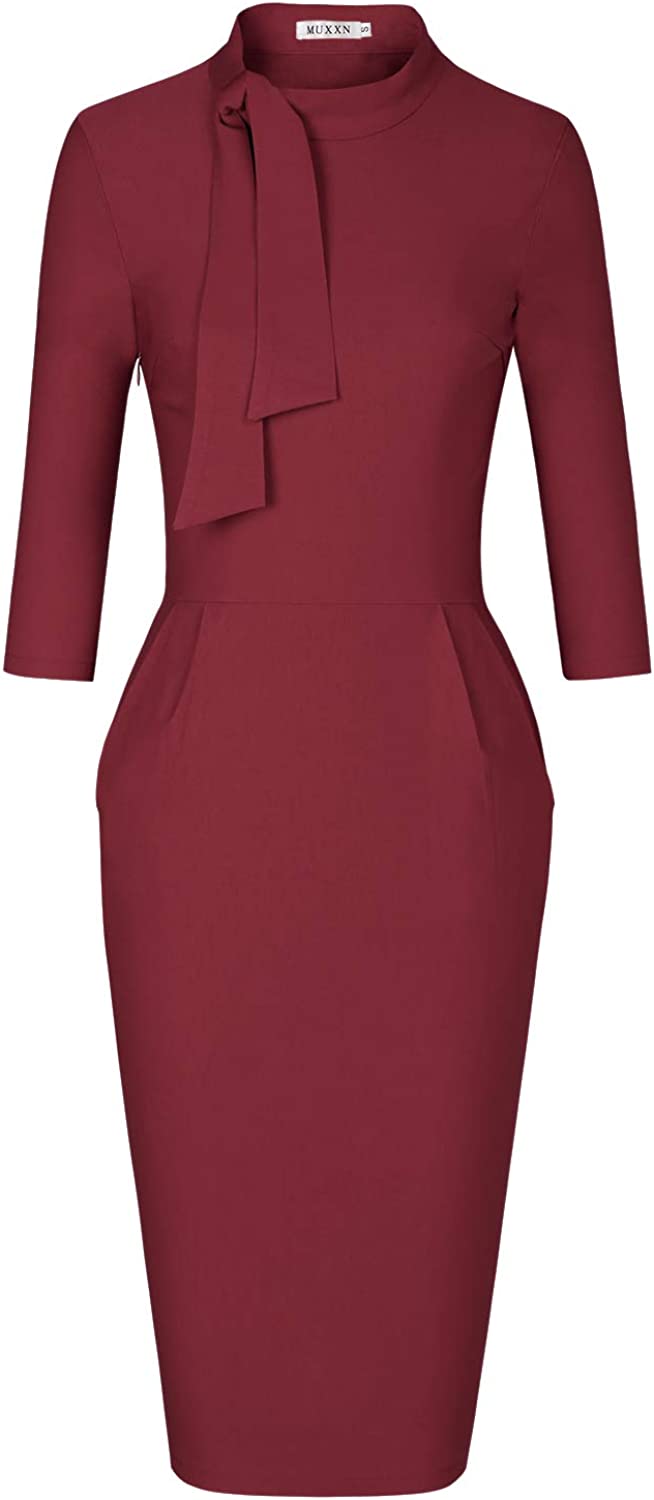 Women's Classic Vintage Tie Neck Formal Cocktail Dress with Pocket