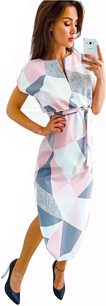 Womens Midi Dresses Summer V-Neck Short Sleeve Casual Office Geometric Belted Dress