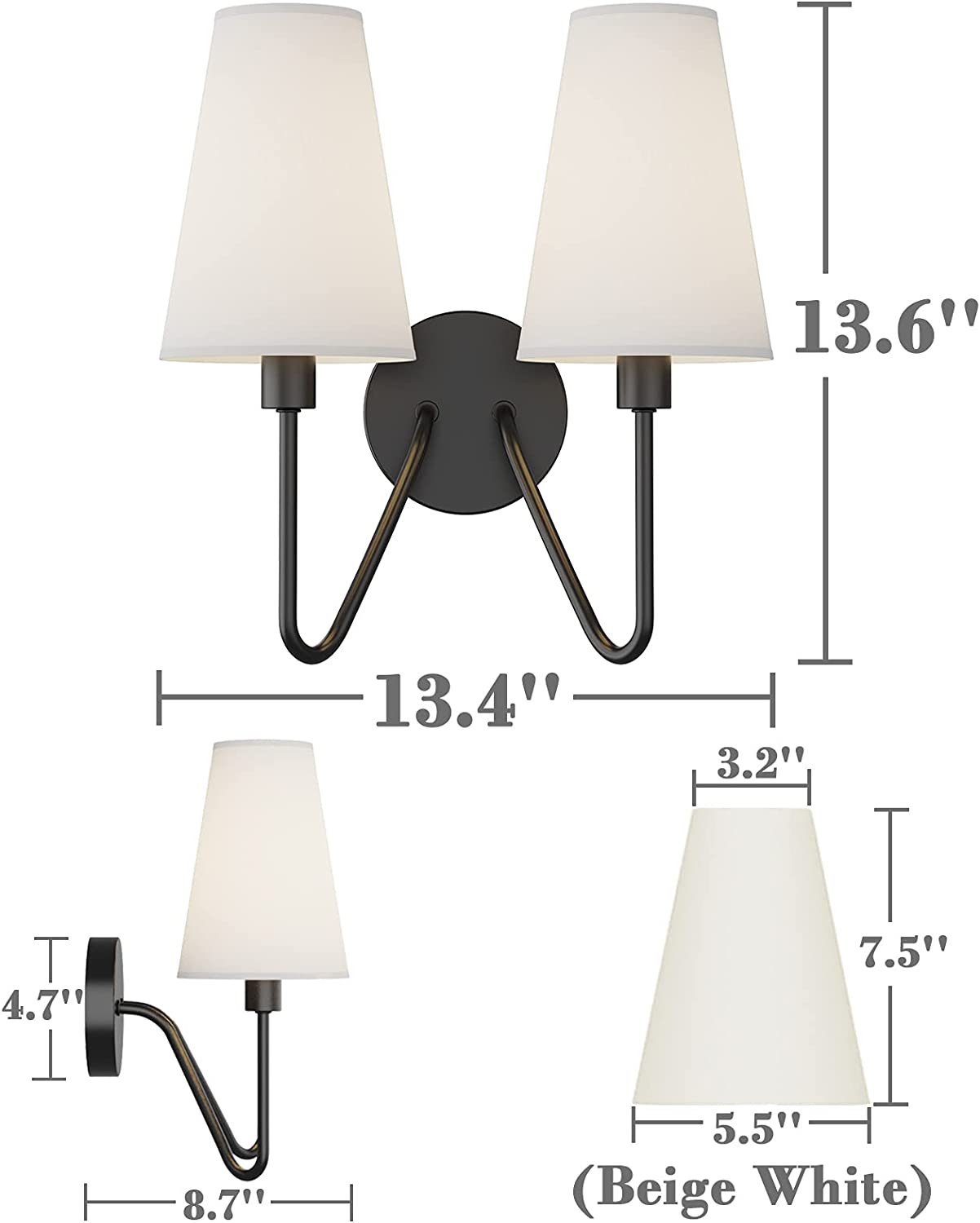 Electro bp;Double Head Classic 2 Lights Wall Sconces Lighting Fixture Black with Beige White Linen Fabric Lamp Shades E12 80W Hardwire;
