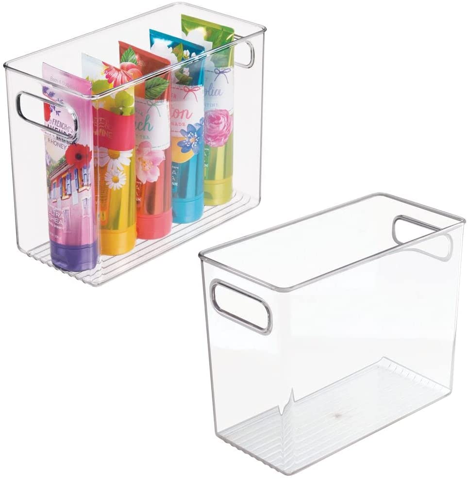 mDesign Plastic Bathroom Organizer - Storage Holder Bin with Handles for Vanity, Cupboard, Cabinet Shelf, Linen or Hallway Closets, Holds Styling Tools, Beauty Products, or Toiletries - 2 Pack - Clear