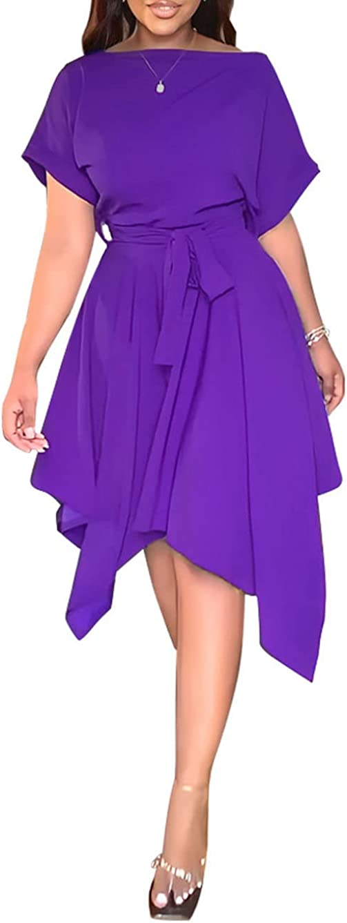 Women's Elegant Wear to Work Belted Pleated Flared Short Sleeve V Neck Casual Midi Dress for Cocktail Party
