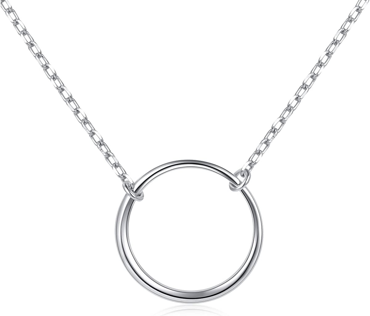 Ladytree S925 Sterling Silver Dainty Simple Circle Pendant Eternity Necklace,Rolo Chain,18+2