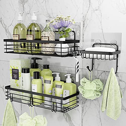 Shower Caddy with 5 Hooks Organizer for Hanging Razor and Sponge Bathroom Basket Adhesive Shower Shelf Storage Kitchen Rack Wall Mounted No Drilling Rustproof Stainless Steel - 2 Pack