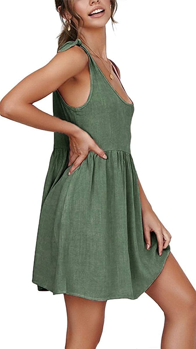 Womens Summer Shoulder Tie Strap Babydoll Dress Casual Scoop Neck A-Line Skater Swing Mini Sundress