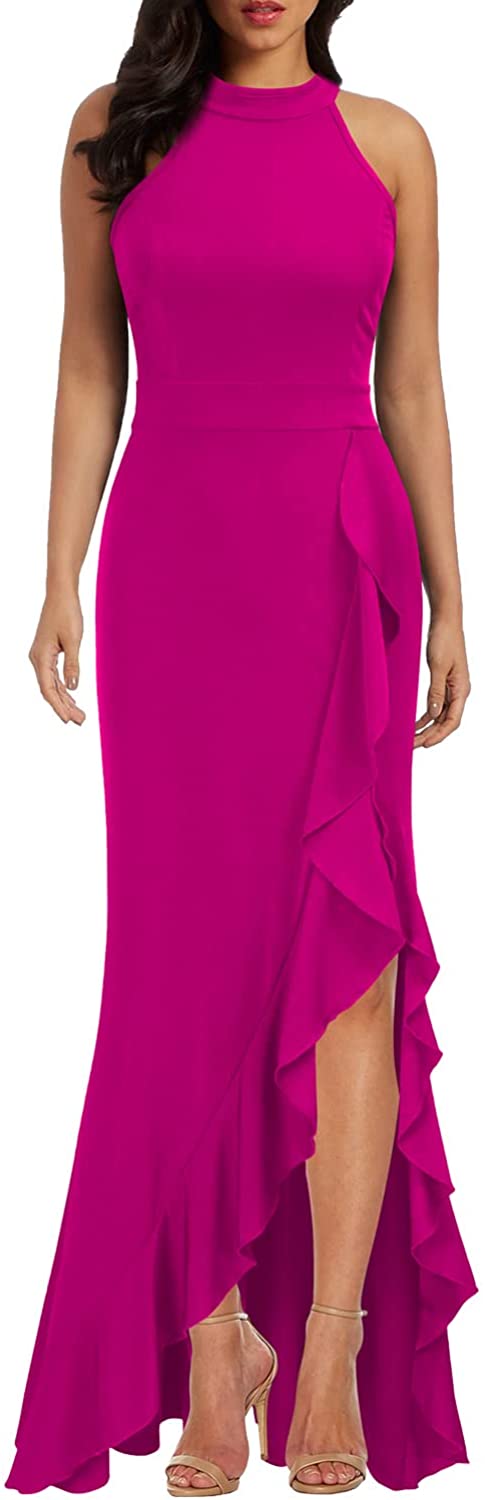 Women's High Neck Split Bodycon Mermaid Evening Cocktail Long Dress