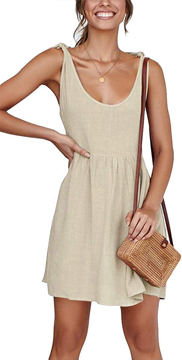 Womens Summer Shoulder Tie Strap Babydoll Dress Casual Scoop Neck A-Line Skater Swing Mini Sundress