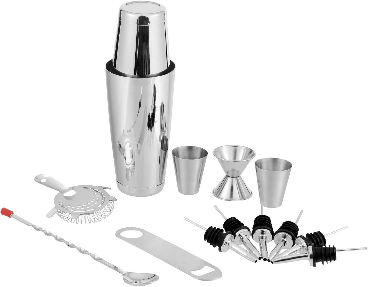 Stainless Steel Cocktail Set | 17 Piece Bar Accessories Set | 26 Ounce Boston Shaker w/Strainer Rubber Pourers Bar Jigger, Cocktail Spoon & More | Drink Mixer Bar Set | Bartender Kit
