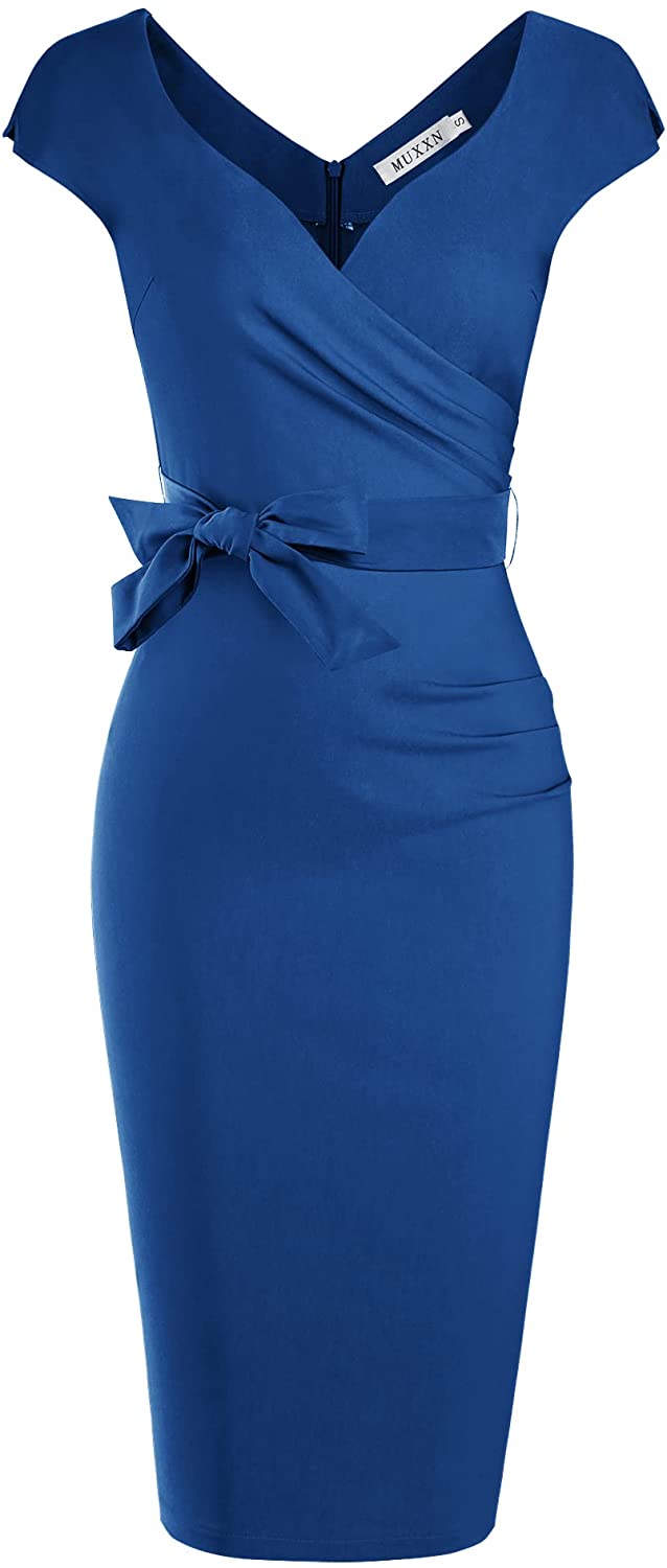Women's Vintage 1950s Style Wrap V Neck Tie Waist Formal Cocktail Dress