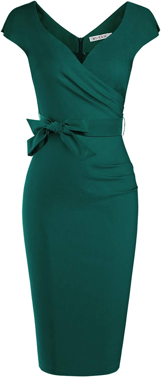 Women's Vintage 1950s Style Wrap V Neck Tie Waist Formal Cocktail Dress
