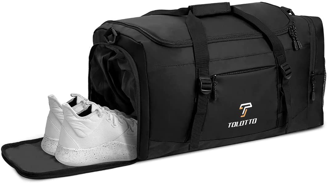 Sport Gym Bag for Men, Tolotto Travel Duffel Bag with Wet Pocket & Shoes Compartment for Men/Women - Carry on Shoulder Weekender Bag, Lightweight & Waterproof (Black)