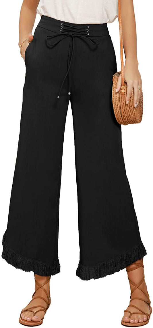 Women Wide Leg Linen Palazzo Pants Boho Drawstring Waist Oblique Tassel Hem Beach Trousers with Pockets