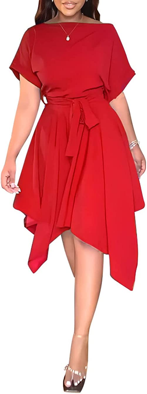 Women's Elegant Wear to Work Belted Pleated Flared Short Sleeve V Neck Casual Midi Dress for Cocktail Party