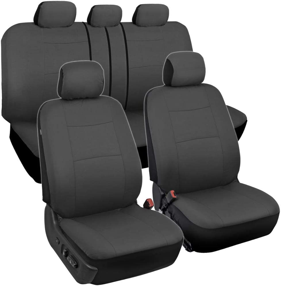 Car Seat Covers Full Set in Charcoal on Black – Front and Rear Split Bench Car Seat Cover, Easy to Install, Interior Covers for Auto Truck Van SUV